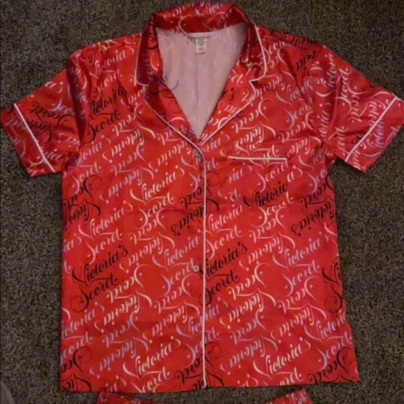 Red Victoria's Secret Script Satin Boxer PJ SET S - Picture 2 of 7